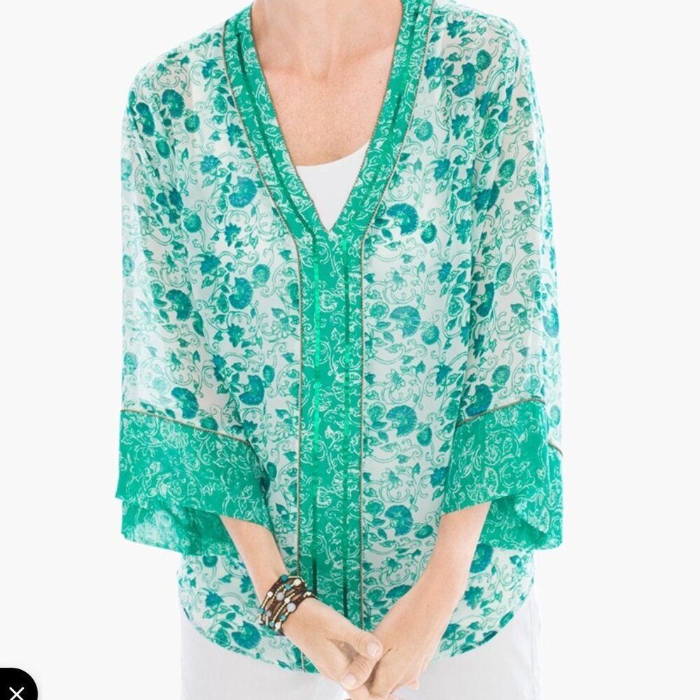 Chicos Green Floral Tunic Embellished Sheer - Size 3 (XL 14/16) Garden Party